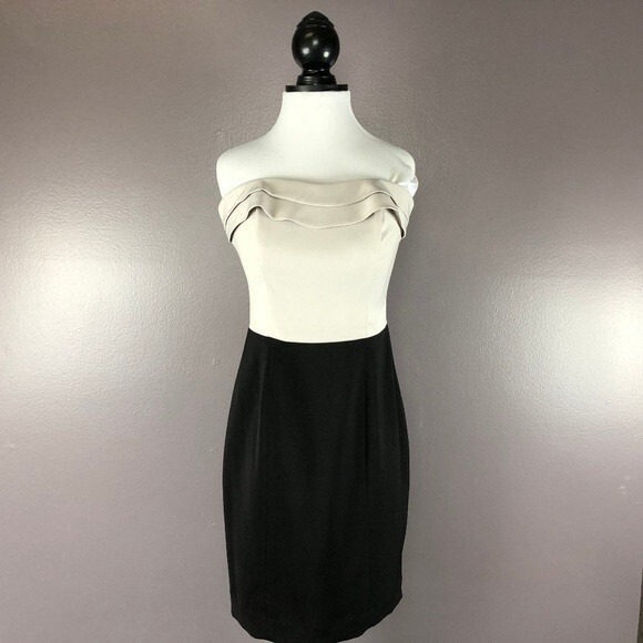 H&M Black Beige Sheath Pencil Dress Size 8 Strapless Ruffle Collar‎ Color Block - Picture 2 of 7